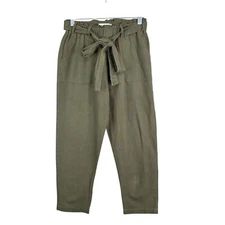 Womens Blu Pepper Olive Green Hi Waist Tapered Pants Linen Blend Belted Waist S