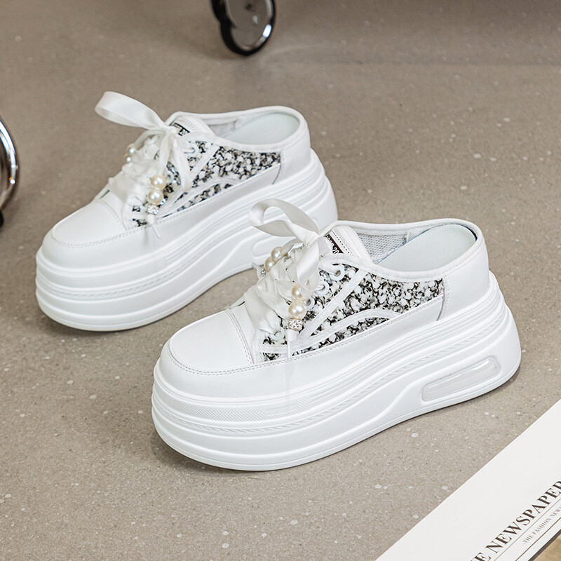 Women's Round-Toe Slip-On Lace-Up Pearl Platform Mules Casual Shoes