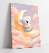 CUTE HAPPY KOALA SITTING ON MOON KIDS FRAMED CANVAS WALL ART PICTURE PRINT