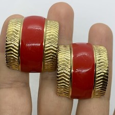 VTG OVERSIZED CHERRY RED ENAMEL STATEMENT GOLD WIDE HALF HOOP EARRINGS CLIP-ON