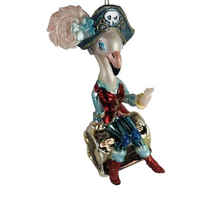 #ad Pirate Flamingo On Treasure Chest Glass Christmas Ornament by Robert Stanley 5.5 $15.39