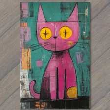Art Print Pink Cat with Polka Dots on Green Background Bold Retro Style Cute