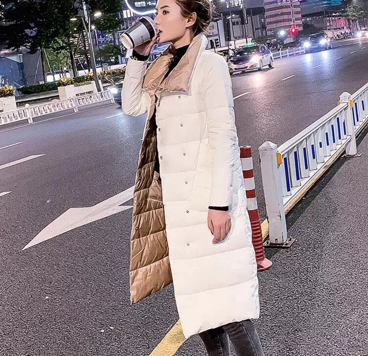 Coat reversible down thin long puffer jacket white Womens Winter
