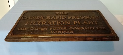 Antique bronze & wood Plaque CANDY RAPID PRESSURE FILTRATION PLANT CO LTD LONDON - Picture 8 of 18