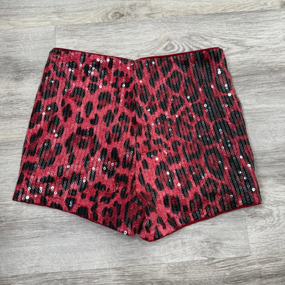 Pantalones Cortos Cintura Alta Lentejuelas Leopardo Rojo Brillante Mujer Talla Pequeña Fiesta Ropa de Club Foto 2 de 4