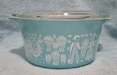 Vintage Pyrex #473 Turquoise Blue Amish Butterprint 1 QT Casserole Dish With Lid
