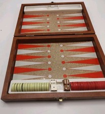 Vintage Travel Backgammon Set 14" Magnetic Brown Faux Leather Case