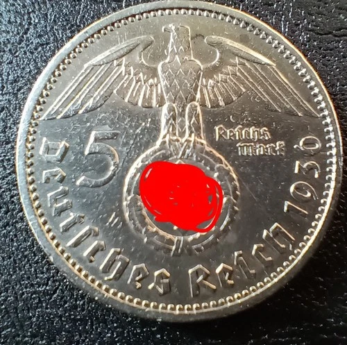 1936 Berlin Mint Third Reich Silver 5 Reichsmark With Eagle V776