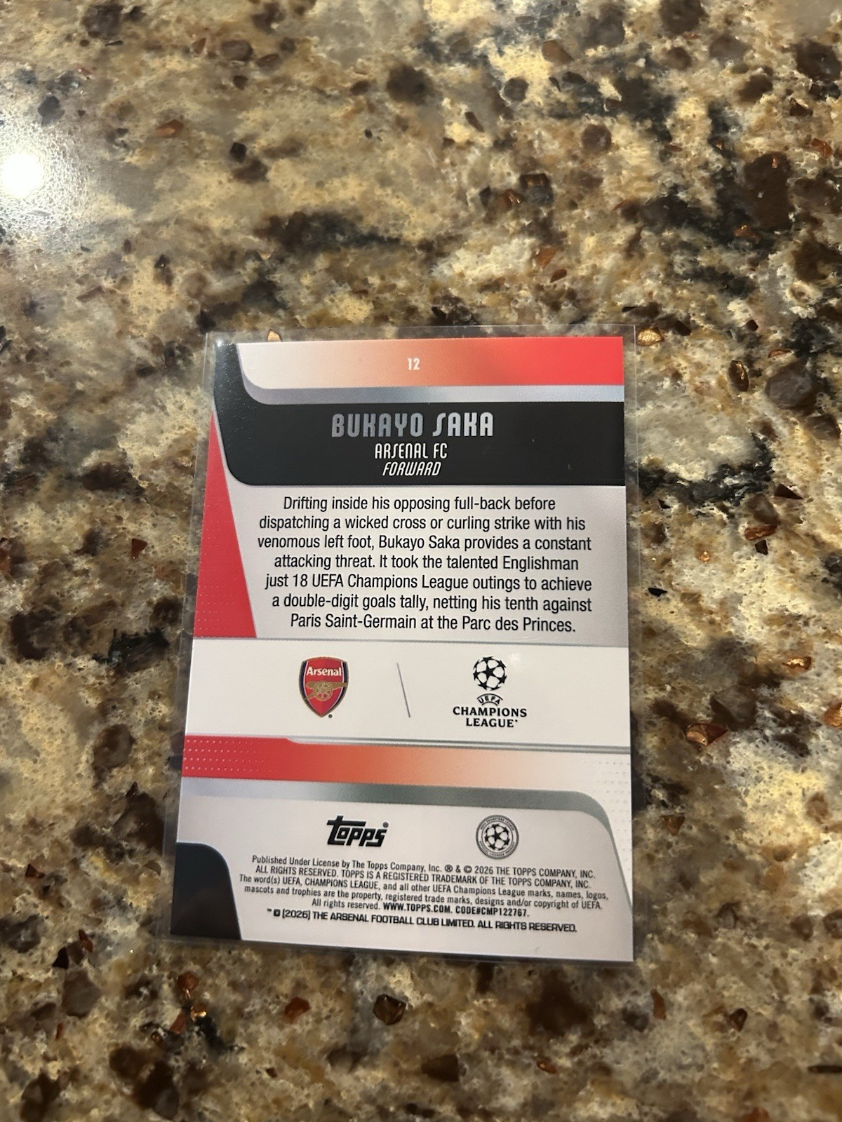 2025/26 Topps UCC Black Speckle Bukayo Saka  Base /10 Arsenal England view 2