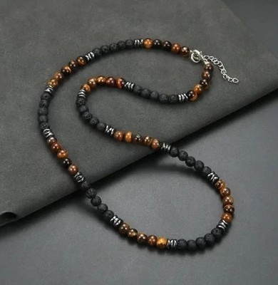   STYLISCHE TIGERAUGE & LAVASTEIN HERREN EDELSTEIN HALSKETTE PERLEN KETTE 55CM 