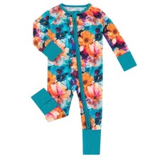 Bamboo Floral Sleeper Baby 6-12M Teal Pink Zip Footie Excellent Romper