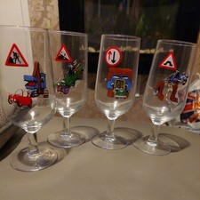 Rare Vintage Car Road Caution Signs Set Of 4 Glasses 1980s Driving Tumblers