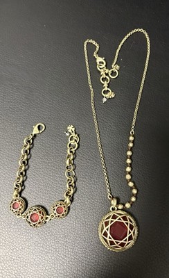Lucky Brand Red Caged Faceted Faux Garnet Bracelet & Pendant Set Magic Mystical
