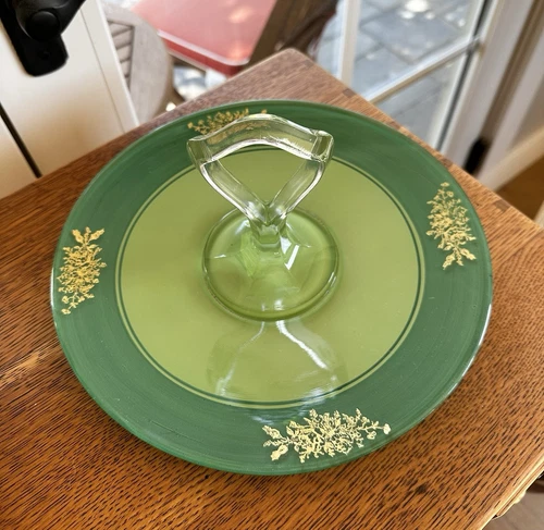 Vintage Glass Appetizer Tray With Handle Green Gold