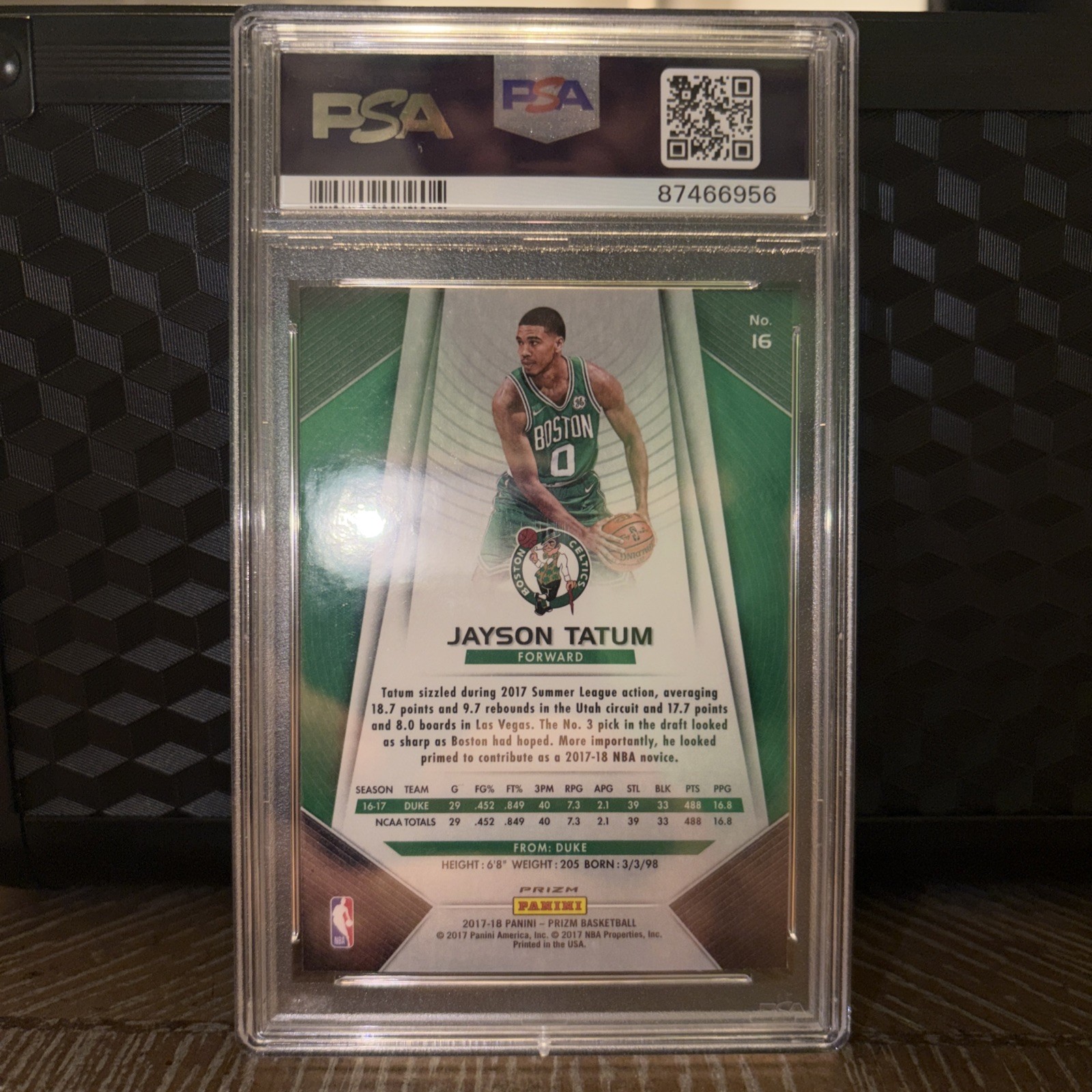 2017-18 Panini Prizm - Jayson Tatum #16 Red White & Blue Prizm (RC) PSA 10 Gem  view 2