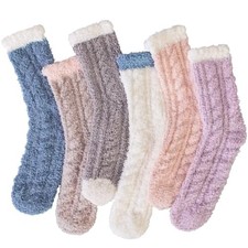 6 Pairs Women Fuzzy Fluffy Socks Cozy Medium Blue Pink Purple White Grey