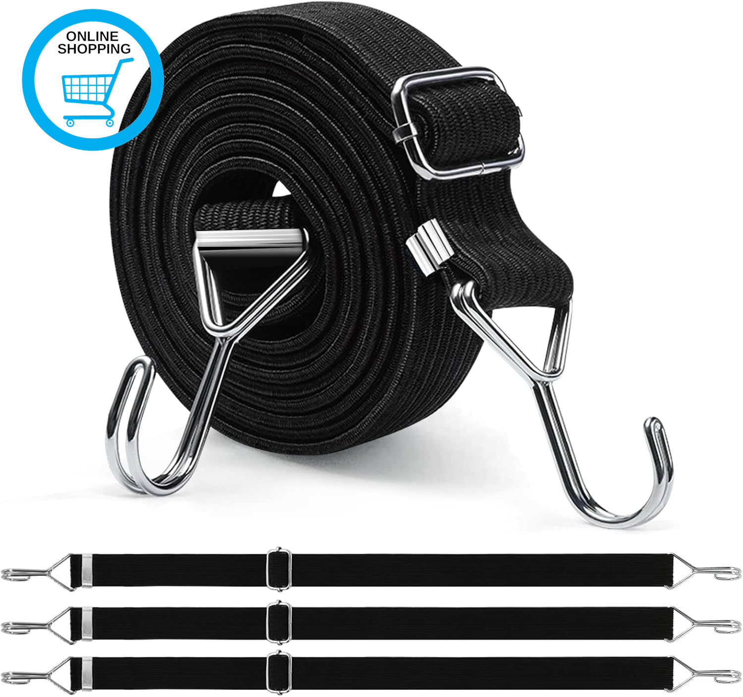 4 Pack Adjustable Bungee Cords with Hooks, Heavy Duty Flat Bungee Cords Elastic