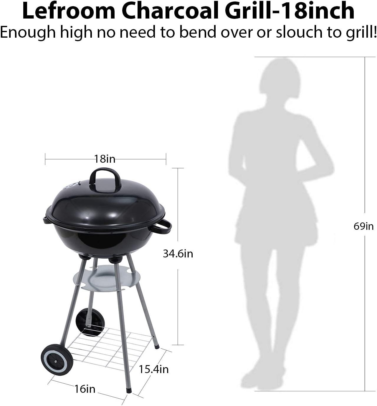 Portable 18" Charcoal BBQ Grill with Waterproof Cover