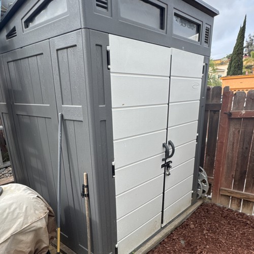 Suncast Plastic Garden Shed Gray Double Doors 2 Windows Lockable Ventilated