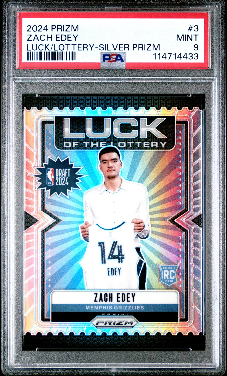 2024 PANINI PRIZM LUCK OF THE LOTTERY SILVER PRIZM #3 ZACH EDEY PSA 9