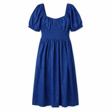NEW linen cotton blend midi long navy dress shirred size 8 summer holiday beach