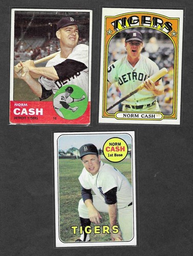 (3) vintage Norm Cash Topps cards lot 1963, 1969, 1972 , Detroit Tigers