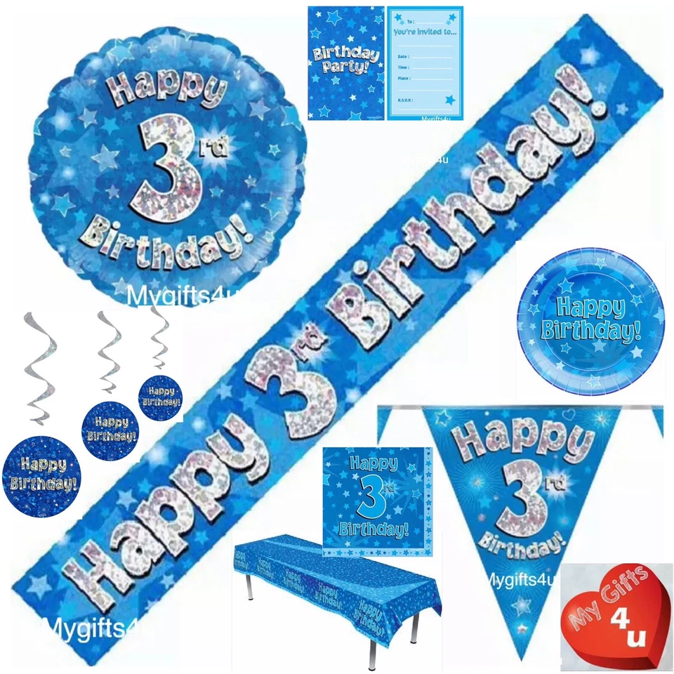 Blue 3rd & Happy Birthday Party Decorations Buntings Banners Balloons swirls Age