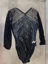 Alpha Factor Child Large Gymnastic Leotard Black Long Sleeve Swarovski Crystals