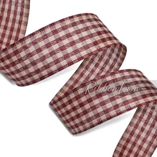 Dark Red Beige Gingham Check Farmhouse Plaid Wired Ribbon 1.5" Wide X 10 Yards