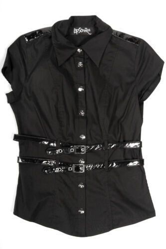 Camicia nera Lip Service Cyber Goth industriale cinturino vinile fibbia XS - Foto 4 di 5