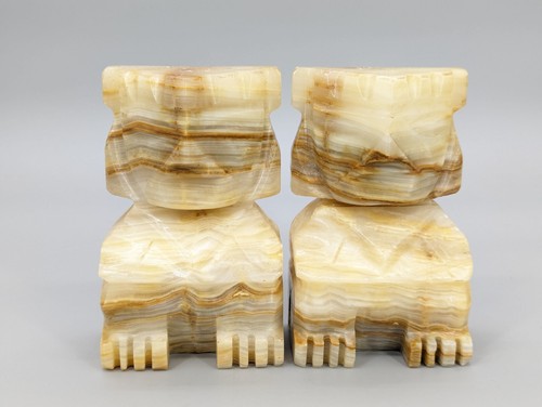 Vintage Tiki Totem Aztec Carved Onyx Mayan Stone Marble Bookends 5.25" Statues