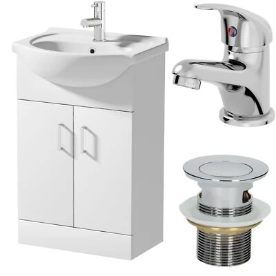 AFFINE 550mm Freestanding Bathroom Vanity Unit Basin Sink White Tap & Waste Bundle