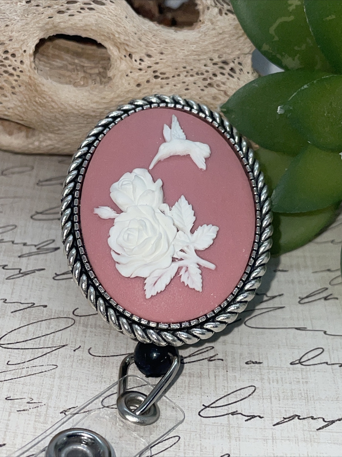 Hummingbird PINK Cameo Retractable Reel ID Card Badge Holder Key Chain Rose image 2
