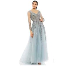 Mac Duggal 20295 Embellished V Neck Long Sleeve A Line Gown Dress 4 Blue