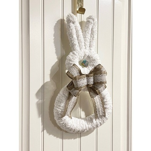White Fluffy Yarn & Ribbon Bunny Welcome Wreath for Easter 19"L. - Picture 3 of 8