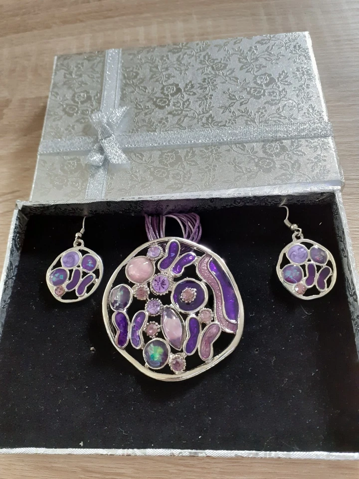 Set 2 Tlg Kette Ohrringe Schmuckset Collier Halskette Emaille /Strass lila - NEU