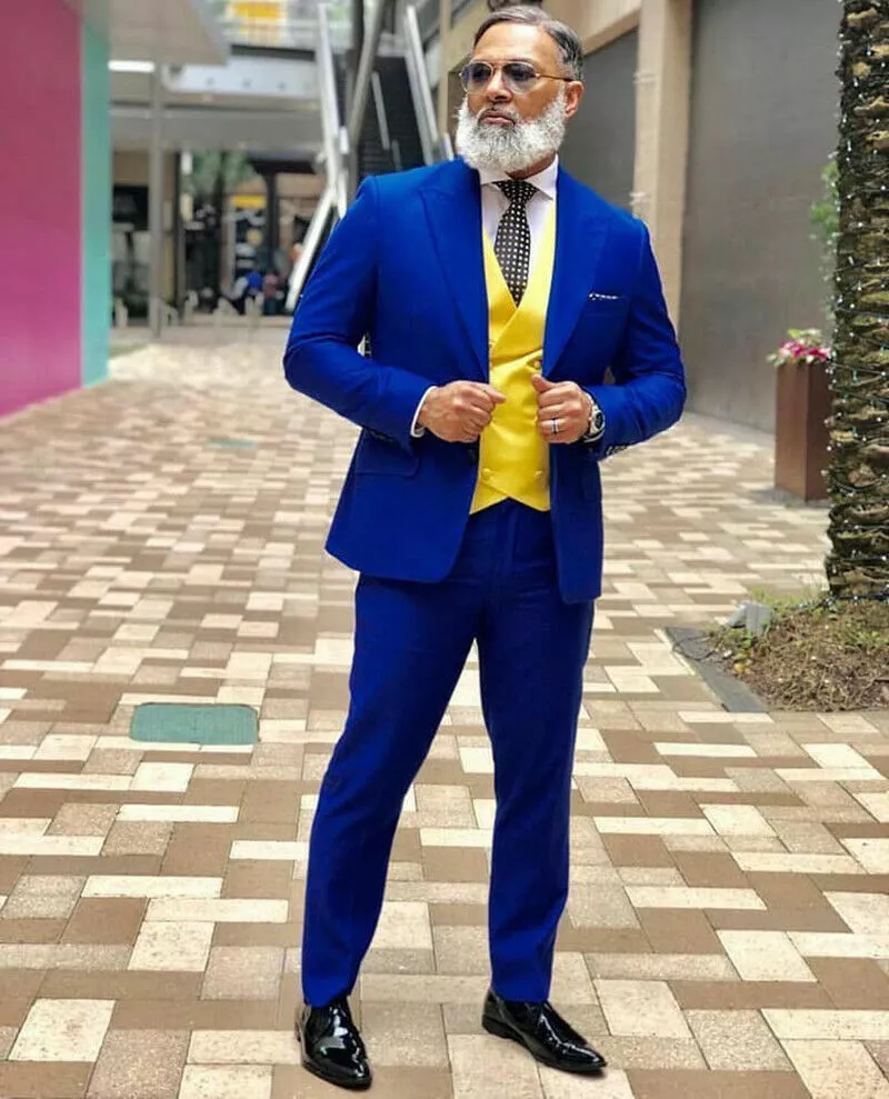 Royal Blue Men Suits Yellow Vest Wedding Formal Tuxedos Peak Lapel Jacket  Custom