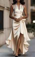 Bride Satin Halter V Neck Waist Ruffle Midi Dress