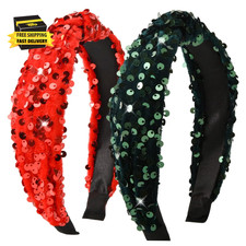 2Pcs Christmas Headbands Sparkly Knotted Headbands Red Green Glitter Christmas H