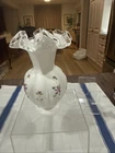 Fenton Hand Painted Violets in the Snow Silver Crest Ruffled Vase 6” Height