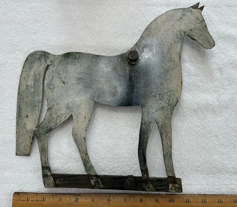 Folk Art Antique Sheet Iron HORSE Weathervane w/ Guides + Wooden Bracket - Image 2 of 4