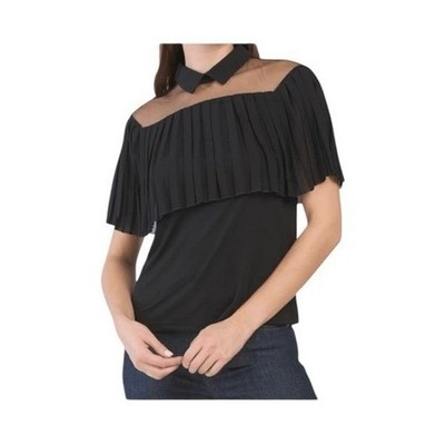 For Cynthia Chiffon Pleated Blouse Black Sheer Mesh Collard Short Sleeve Pull-Ov