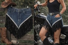 Vintage Y2K Denim Fringe Shorts Womens Medium OOAK Leather Fringe Lace Edged
