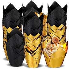 200 Pcs Black Gold Tulip Cupcake Liners Graduation Mini Paper Baking Cups Cup...