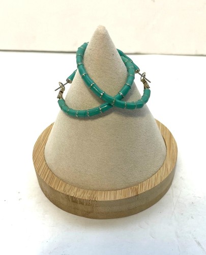 Turquoise Enamel Segmented Hoop Earrings Almost 2" diameter Pierced Omega Backs - Picture 2 of 6