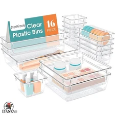 16-Piece Clear Drawer Organizer Set - Space-Saving Storage for Home & Office
