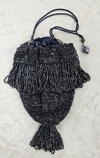 1920's Art Deco Crochet Metallic Gunmetal Cut Glass Beaded Drawstring Purse