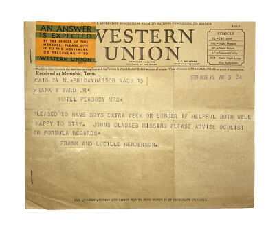 Western Union Telegram Message 1939 Hotel Peabody Memphis w/ Envelope