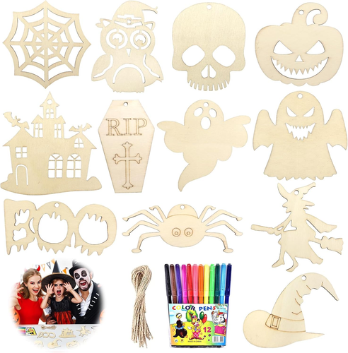 Farerkass 264 pezzi Ornamenti in legno, decorazione in legno di Halloween, kit di decorazioni di Halloween fai da te, set di artigianato per bambini, regalo per feste artigianali di Halloween