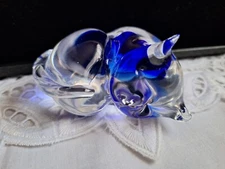 Cobalt Blue Clear Kitty Cat Art Glass Paperweight